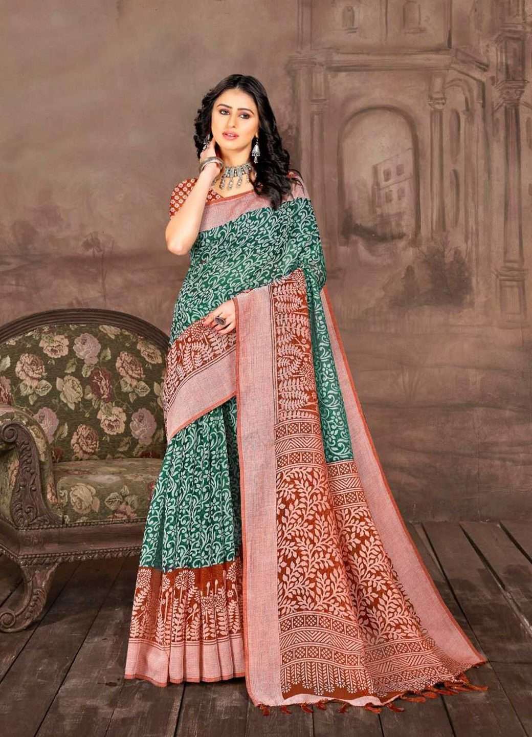 women saree green red